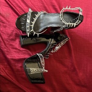 Black Patent Platform Heels with Silver Spike Detail